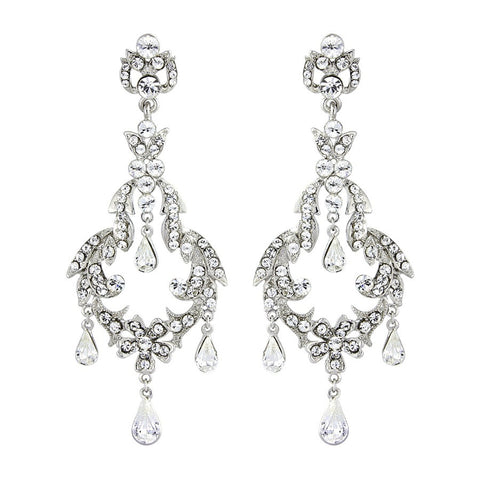 Crystal chandelier earrings made from high quality clear cubic zirconia crystals on a rhodium plated finish, they have a drop of 9cm. 