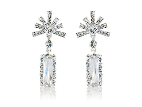 Glamorous star-burst crystal earrings made from high quality cubic zirconia and swarovski clear crystals, they have a drop of 7cm. 