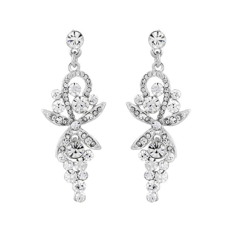 Crystal chandelier drop earrings made with clear crystals on a rhodium plated finish, they have a drop of 3.5cm