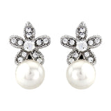 Crystal flower and pearl earrings made from high quality cubic zirconia crystals on a rhodium plated finish, they measure 2cm by 1cm