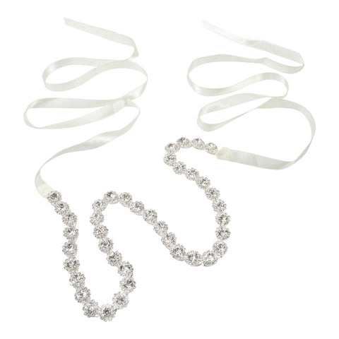 Silver Crystal Row Bridal Belt with ivory ribbon tie