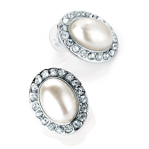 Oval pearl earrings with a pearl centre framed with clear crystals, they measure 2.5cm