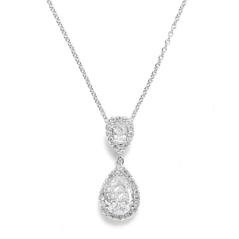 Crystal necklace made from clear cubic zirconia crystals on a rhodium plated silver tone finish, pendant measures 2.5cm long. 