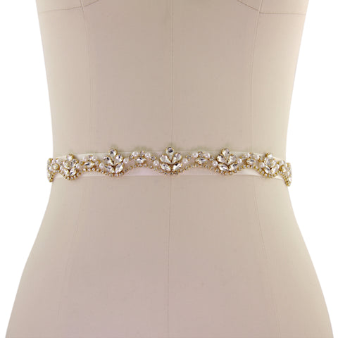 Pearl and Crystal Bridal Belt on a gold finish mounted on an ivory ribbon