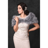 Front view of bride wearing a silver grey marabou feather stole wrap