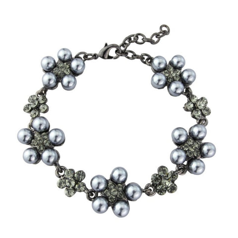 Simulated pearl bracelet with dark grey pearls with black crystals, bracelet is adjustable with lobster clasp and is 1.5cm wide. 