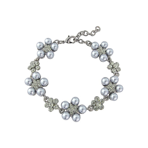 Simulated pearl bracelet with light grey pearls on a rhodium plated finish, bracelet is adjustable with lobster clasp, width 1.5cm. 