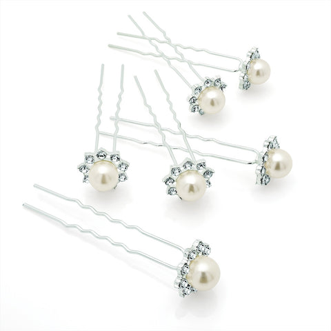 Pearl and Crystal Flower Hair Pins Set of 6