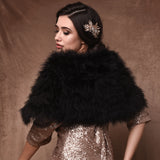Back view of bride wearing a wide jet black marabou feather stole wrap across her shoulders