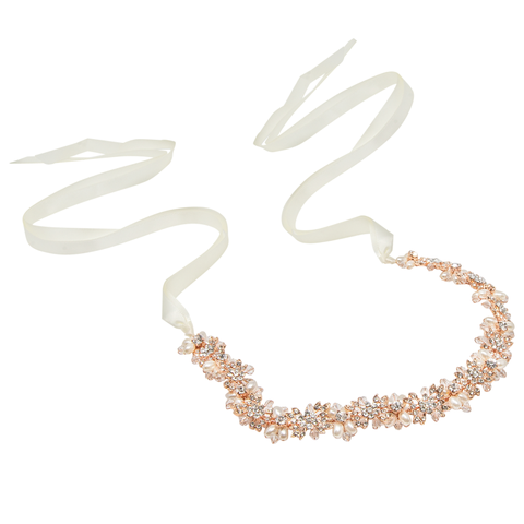 Pearl and Crystal Tie on Hair Vine with Ivory Ribbon in Rose Gold