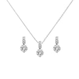 Crystal necklace and earrings set made from clear cubic zirconia crystals on a rhodium plated silver tone finish. 