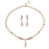Pearl necklace and earrings set on a rose gold finish