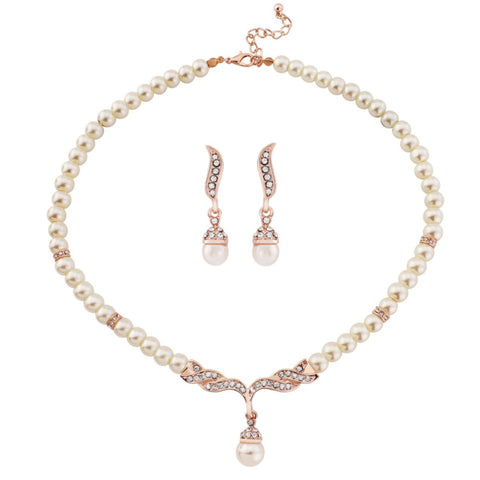 Pearl necklace and earrings set on a rose gold finish
