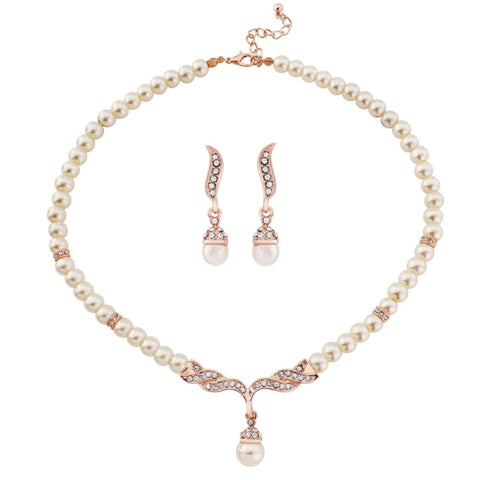 Pearl necklace and earrings set on a rose gold finish