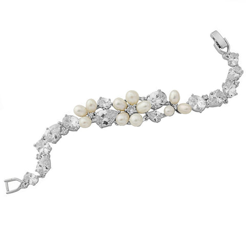 Crystal and pearl bracelet made with cubic zirconia crystals and freshwater pearls, width 2.5cm