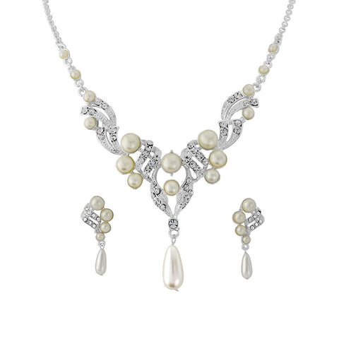 Pearl and crystal necklace made with light ivory pearls and cubic zirconia crystals on an adjustable chain plated in real silver, the earrings have a drop of 2.5cm