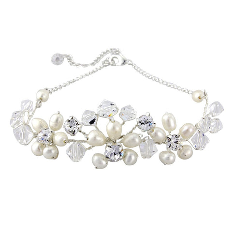 Pearl and crystal bracelet made with simulated ivory pearls and Swarovski crystals on an adjustable chain plated in real silver
