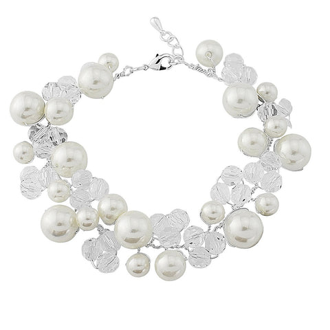 Crystal and pearl bracelet with ivory pearls and clear crystals on a silver plated finish, width is 2cm