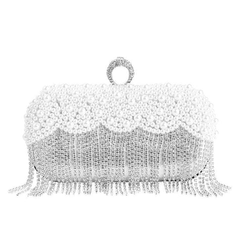 Susie Silver Pearl & Crystal Tassel Evening Clutch Bag