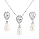 Necklace and earrings set made with high quality simulated ivory pearls on a rhodium plated finish