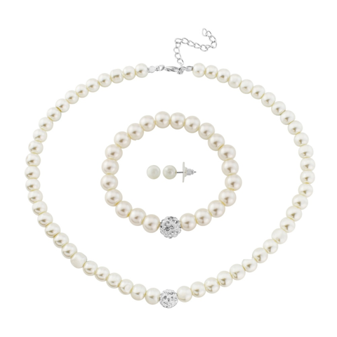 Ivory pearl necklace, earrings and bracelet set, the necklace and bracelet have a lovely silver crystal bead at the centre. 