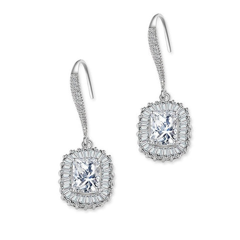 High quality sqaure cut crystal drop earrings in a hook style made with high quality cubic zirconia crystals on a silver tone finish