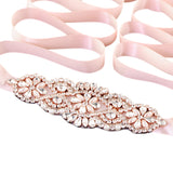 Rose Pink Satin Ribbon Crystal Bridal Belt zoomed in view