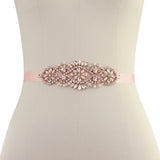 Rose Pink Satin Ribbon Crystal Bridal Belt