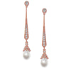 Art deco design crystal and pearl drop earrings made from top grade clear cubic zirconia crystals and fabulous pearls on a rose gold finish, they have a drop of 5cm. 