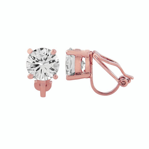 crystal solitaire round cut clip on earrings measuring 8mm with a rose gold finish