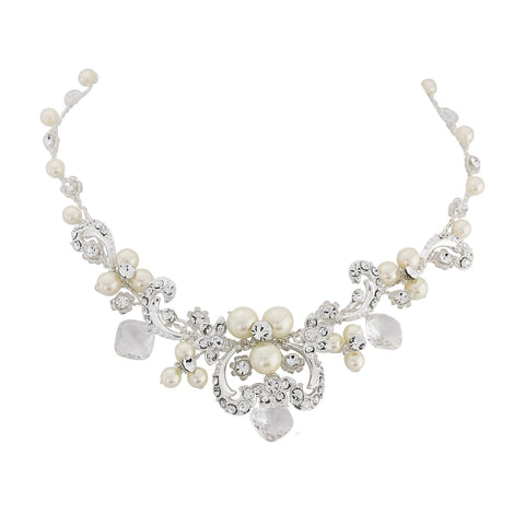 Crystal and pearl necklace made with ivory pearls, Swarovski crystals and beads on a real silver plated chain