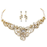 Crystal and pearl necklace and earrings set made with freshwater pearls and cubic zirconia crystals on a gold tone finish