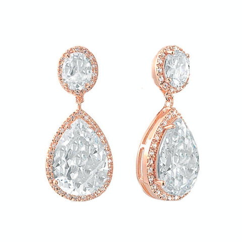 Crystal drop earrings made from top grade clear cubic zirconia crystals on a rose gold finish, they measure 3.5cm long by 1.5cm wide