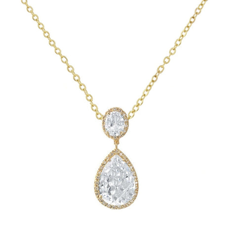 Crystal necklace made from top grade clear cubic zirconia crystals on a gold tone finish, pendant is 3.5cm long 