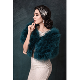 Side View of Teal Green Marabou Feather Stole on a model over a wedding gown
