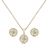 Crystal necklace and earrings set made with clear cubic zirconia crystals on a gold plated finish, the necklace is adjustable and the earrings measure 1cm by 1cm