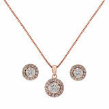 Crystal necklace and earrings set made with clear cubic zirconia crystals on a rose gold plated finish, the necklace is adjustable and the earrings measure 1cm by 1cm 