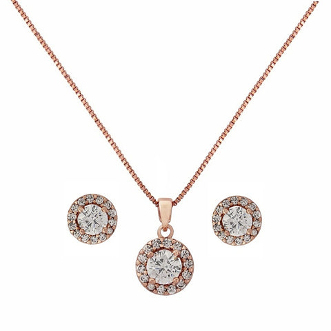 Crystal necklace and earrings set made with clear cubic zirconia crystals on a rose gold plated finish, the necklace is adjustable and the earrings measure 1cm by 1cm 