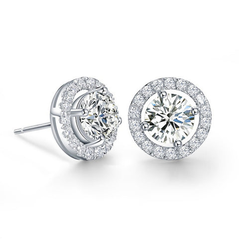 Crystal earrings made with clear cubic zirconia crystals on a silver tone finish, they measure 1cm by 1cm 