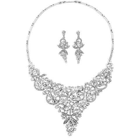 Crystal necklace and earrings set made with clear crystals on a sparkly silver tone finish, necklace measures 20cm, earrings measure 5cm long