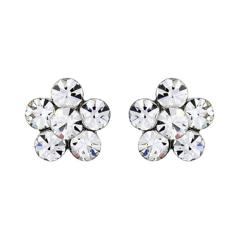 Crystal flower earrings made from Swarovski crystal elements on a silver rhodium finish, they measure 1cm by 1cm