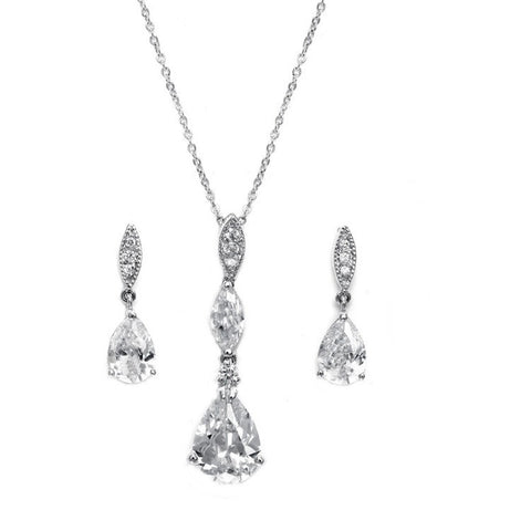 Crystal necklace and earrings set made with cubic zirconia crystals on a rhodium plated finish, the necklace is adjustable and the earrings measure 2cm long