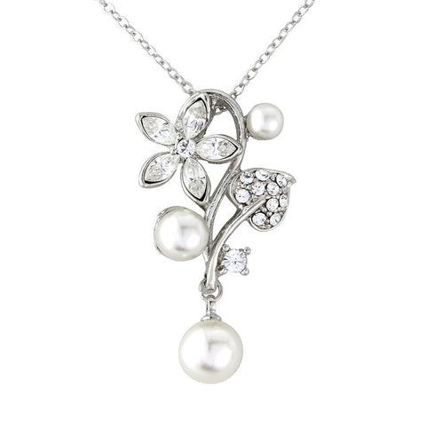 Crystal and pearl necklace made from clear cubic zirconia crystals and ivory simulated pearls on a silver tone finish, pendant measures 4.5cm long. 