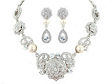Crystal and pearl necklace and earrings set made from high quality cubic zirconia and Swarovski clear crystals with ivory pearls 