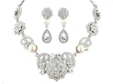 Crystal and pearl necklace and earrings set made from high quality cubic zirconia and Swarovski clear crystals with ivory pearls 