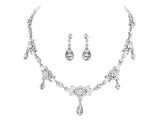 Crystal necklace and earrings set made from clear cubic zirconia crystals on a rhodium plated silver tone finish, the necklace is fully adjustable and the earrings measure 2.5cm long