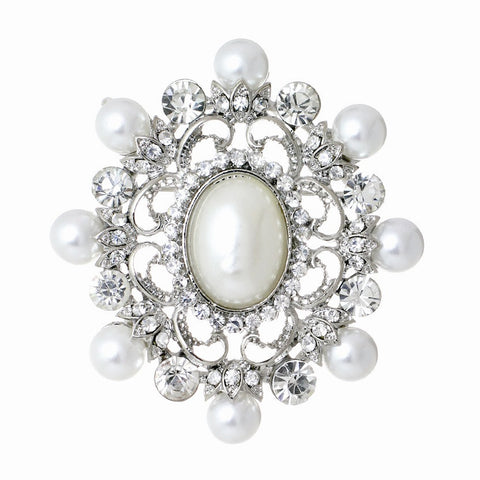 Crystal and pearl brooch made with high quality simulated ivory pearls and clear crystals. 
