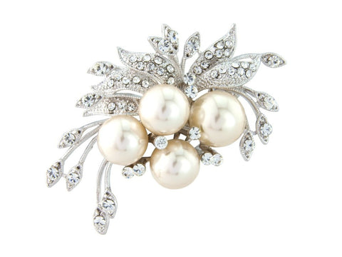 Crystal and pearl brooch on a silver rhodium finish with clear Swarovski crystals, brooch measures 5.5cm by 5cm