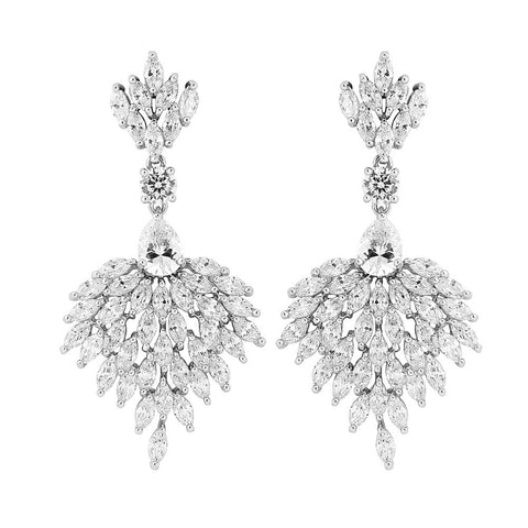Crystal drop earrings made from high quality clear cubic zirconia crystals on a rhodium plated silver finish, they have a drop of 5.5cm and are 3cm wide. 