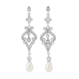 Crystal and pearl chandelier earrings made from high quality clear cubic zirconia crystals on a rhodium plated silver tone finish with freshwater pearls, they have a drop of 2.5cm